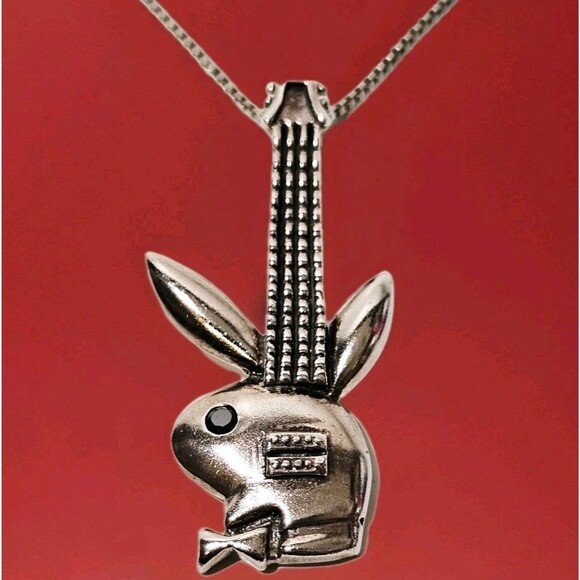 925K PLAYBOY BUNNY GUITAR PENDANT w BOX CHAIN 19" SOLID SILVER CRYSTAL EYE RARE! - Picture 1 of 14